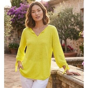Talbots Tunic Top Womens M Yellow Linen Pullover V-Neck Tie Sleeve‎ Casual Wear
